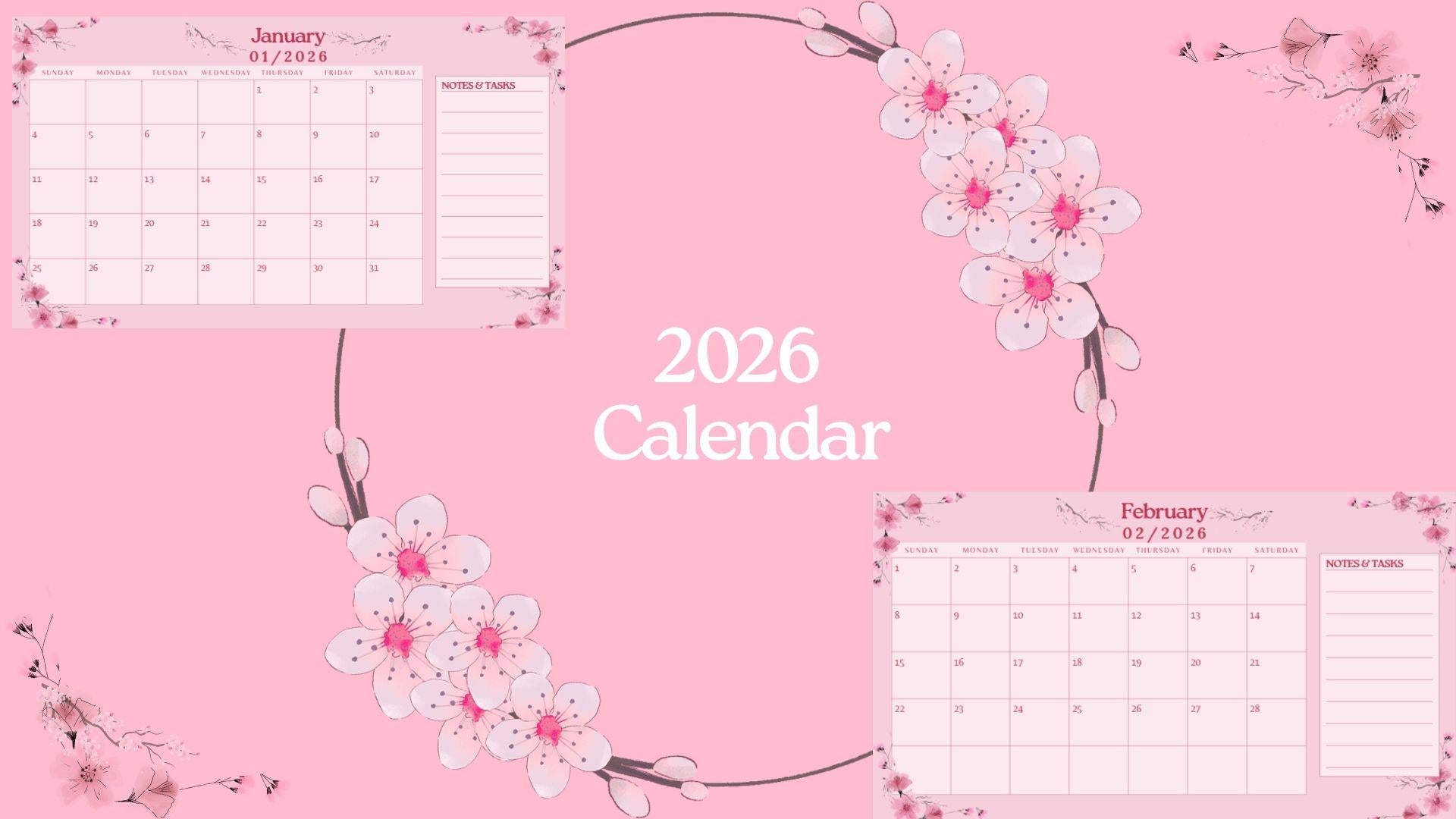 2026 Cherry Blossom Monthly Calendar Printable