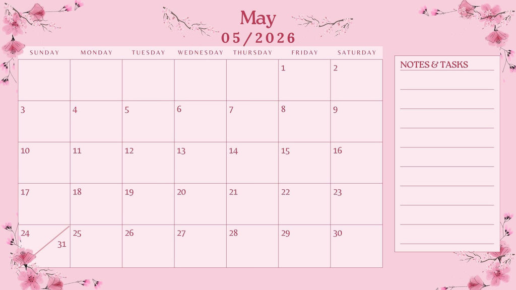2026 Cherry Blossom Monthly Calendar Printable
