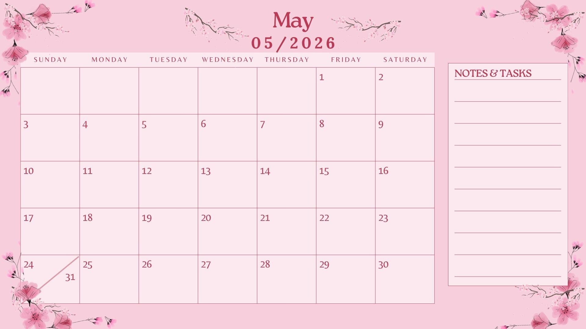 2026 Cherry Blossom Monthly Calendar Printable