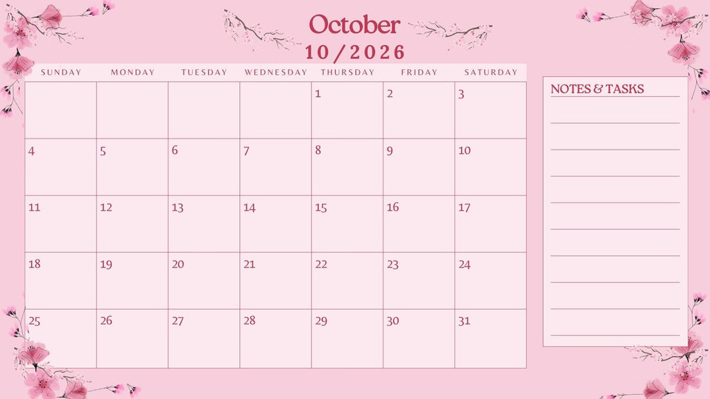 2026 Cherry Blossom Monthly Calendar Printable