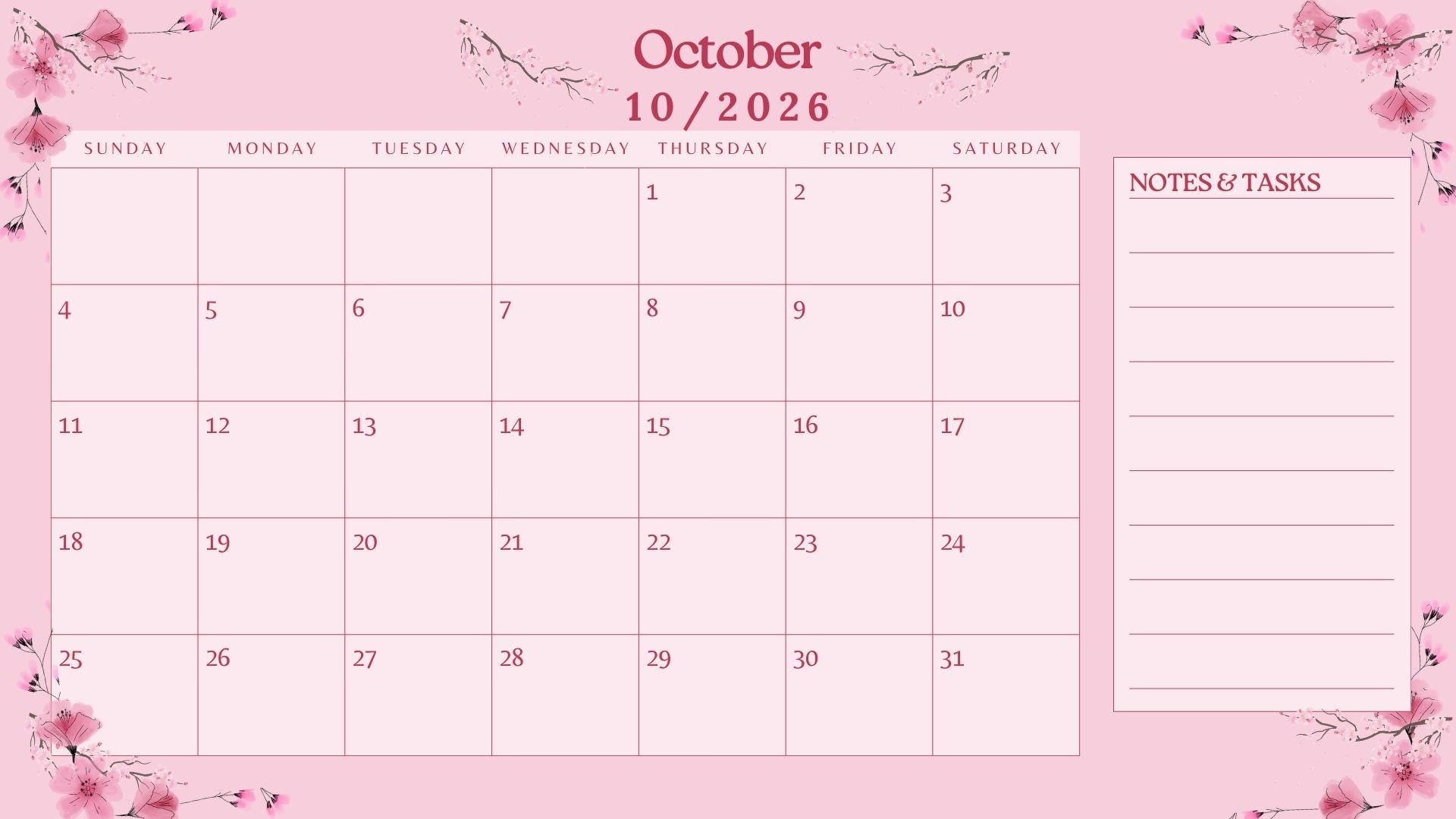 2026 Cherry Blossom Monthly Calendar Printable