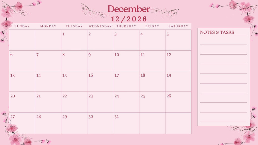 2026 Cherry Blossom Monthly Calendar Printable