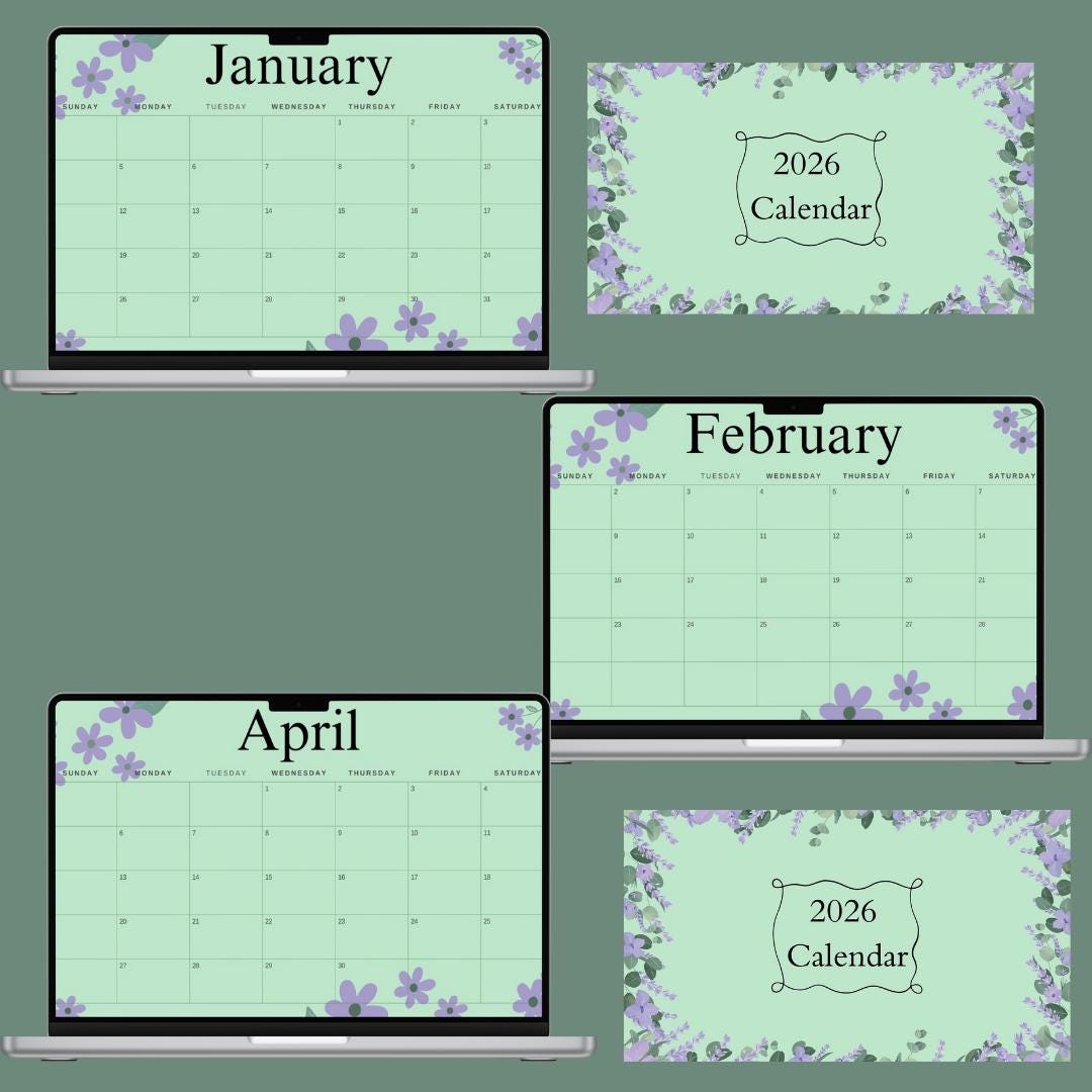 2026 Mint Floral Calendar Printable