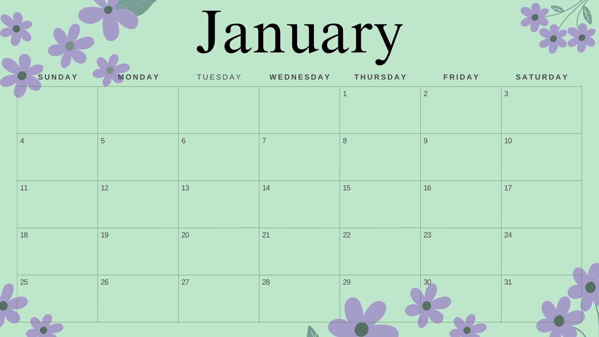 2026 Mint Floral Calendar Printable