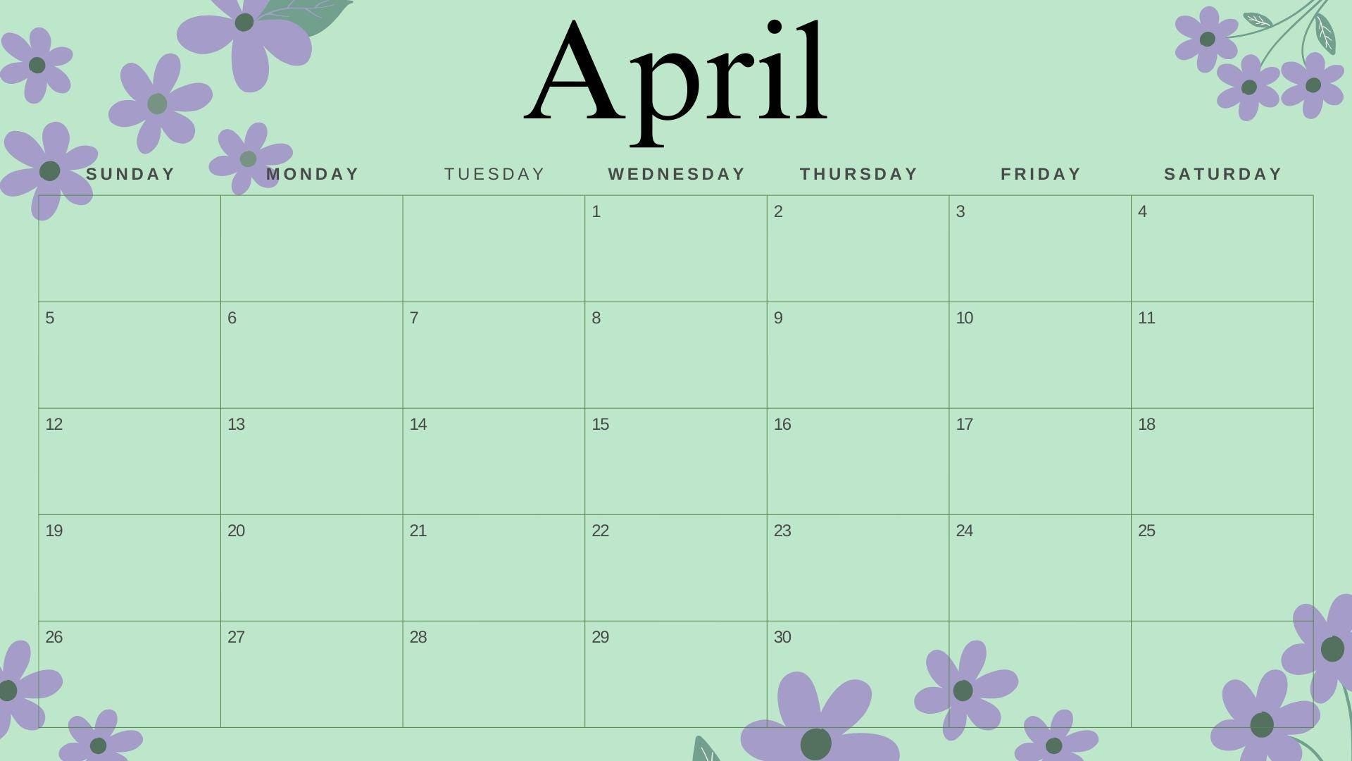 2026 Mint Floral Calendar Printable